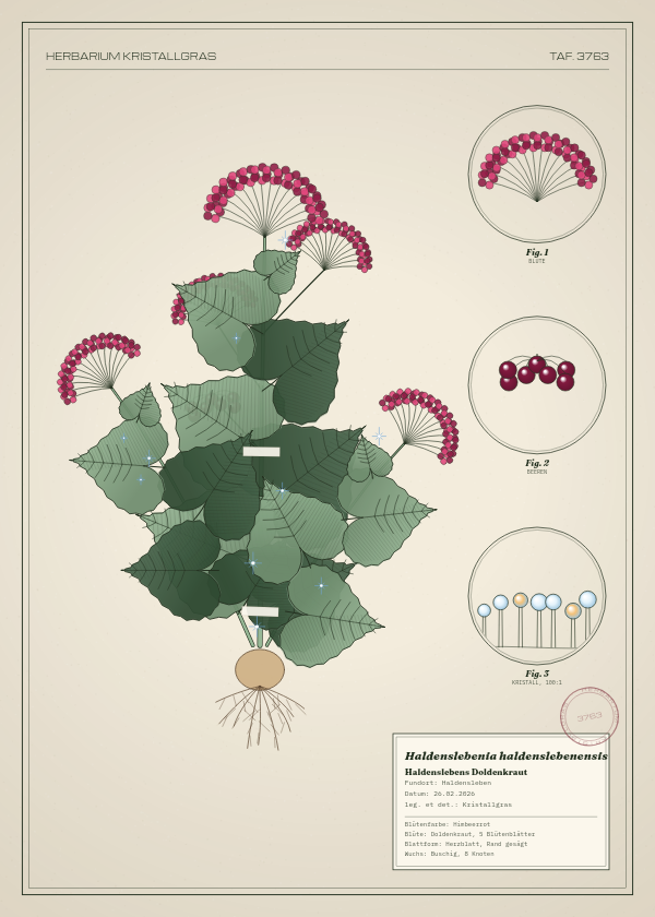 Botanische Tafel: Haldenslebenia haldenslebenensis, eine erfundene Pflanze aus Haldensleben, gezeichnet wie in einem alten Pflanzenatlas
