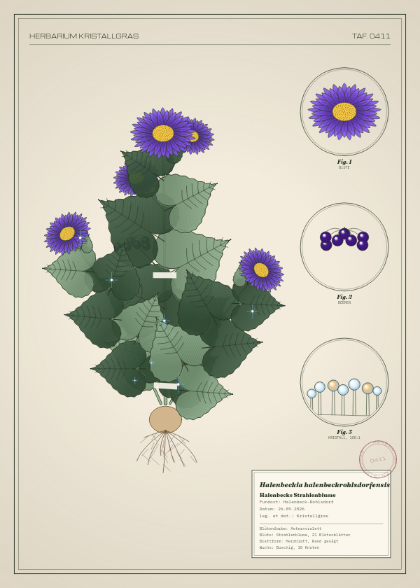 Botanische Tafel: Halenbeckia halenbeckrohlsdorfensis, eine erfundene Pflanze aus Halenbeck-Rohlsdorf, gezeichnet wie in einem alten Pflanzenatlas