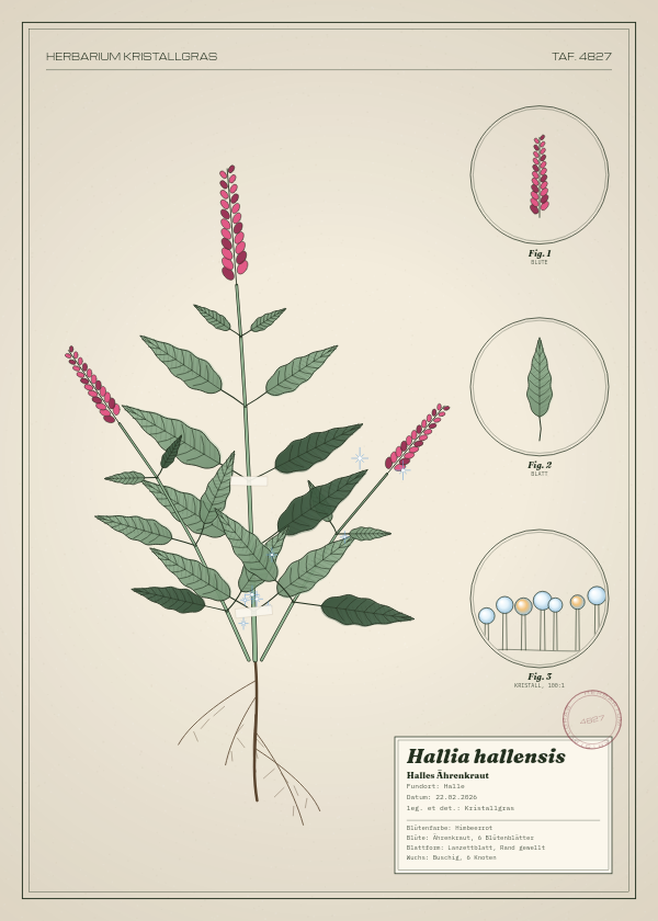 Botanische Tafel: Hallia hallensis, eine erfundene Pflanze aus Halle, gezeichnet wie in einem alten Pflanzenatlas