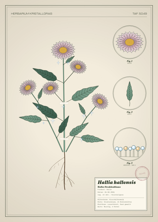 Botanische Tafel: Hallia hallensis, eine erfundene Pflanze aus Halle, gezeichnet wie in einem alten Pflanzenatlas