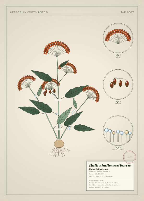Botanische Tafel: Hallia hallewestfensis, eine erfundene Pflanze aus Halle (Westf.), gezeichnet wie in einem alten Pflanzenatlas