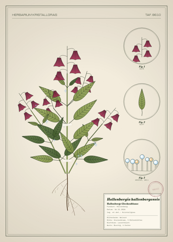 Botanische Tafel: Hallenbergia hallenbergensis, eine erfundene Pflanze aus Hallenberg, gezeichnet wie in einem alten Pflanzenatlas