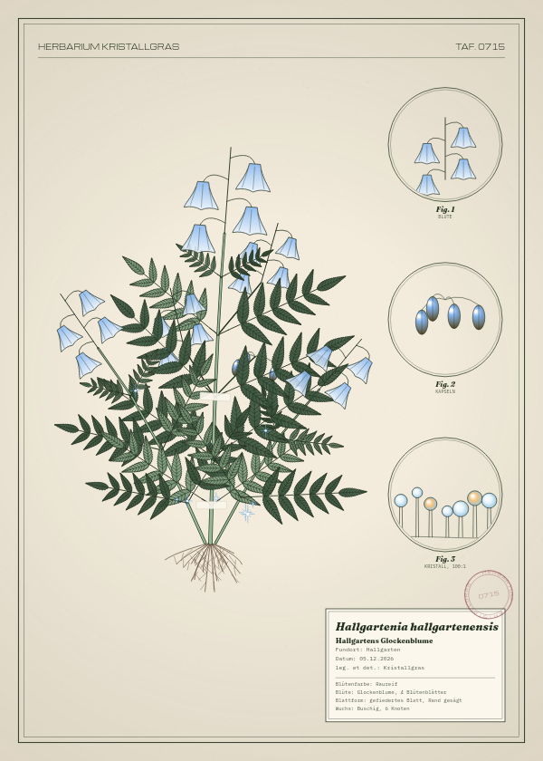 Botanische Tafel: Hallgartenia hallgartenensis, eine erfundene Pflanze aus Hallgarten, gezeichnet wie in einem alten Pflanzenatlas