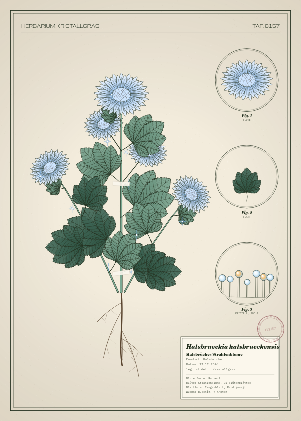 Botanische Tafel: Halsbrueckia halsbrueckensis, eine erfundene Pflanze aus Halsbrücke, gezeichnet wie in einem alten Pflanzenatlas