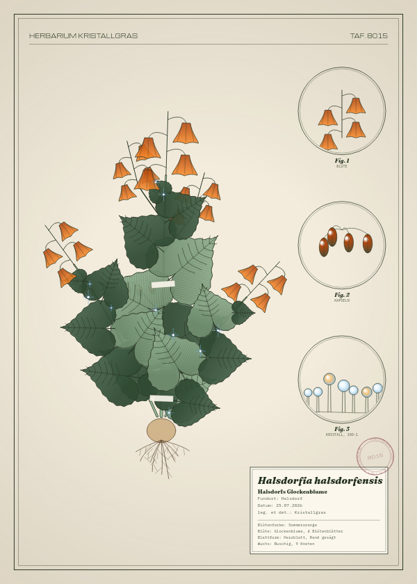 Botanische Tafel: Halsdorfia halsdorfensis, eine erfundene Pflanze aus Halsdorf, gezeichnet wie in einem alten Pflanzenatlas