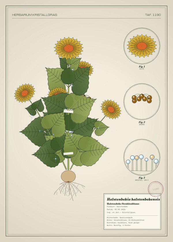 Botanische Tafel: Halstenbekia halstenbekensis, eine erfundene Pflanze aus Halstenbek, gezeichnet wie in einem alten Pflanzenatlas