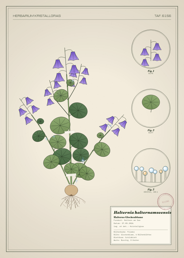 Botanische Tafel: Halternia halternamseensis, eine erfundene Pflanze aus Haltern am See, gezeichnet wie in einem alten Pflanzenatlas