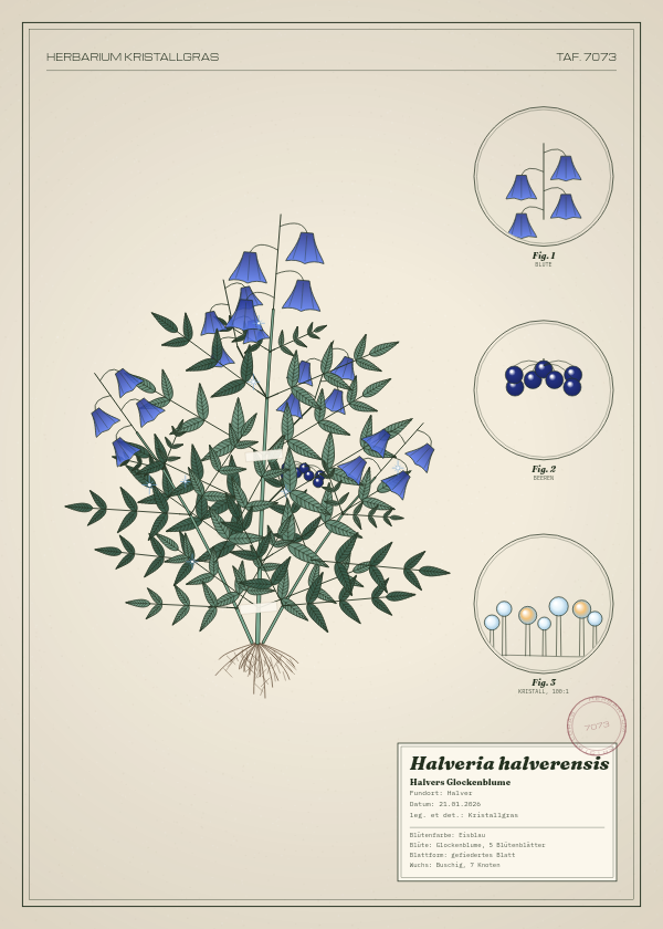 Botanische Tafel: Halveria halverensis, eine erfundene Pflanze aus Halver, gezeichnet wie in einem alten Pflanzenatlas