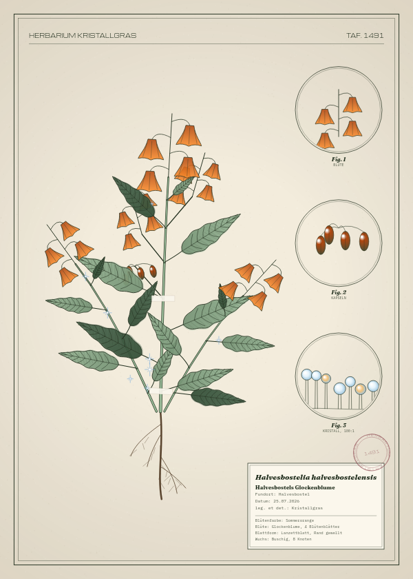Botanische Tafel: Halvesbostelia halvesbostelensis, eine erfundene Pflanze aus Halvesbostel, gezeichnet wie in einem alten Pflanzenatlas