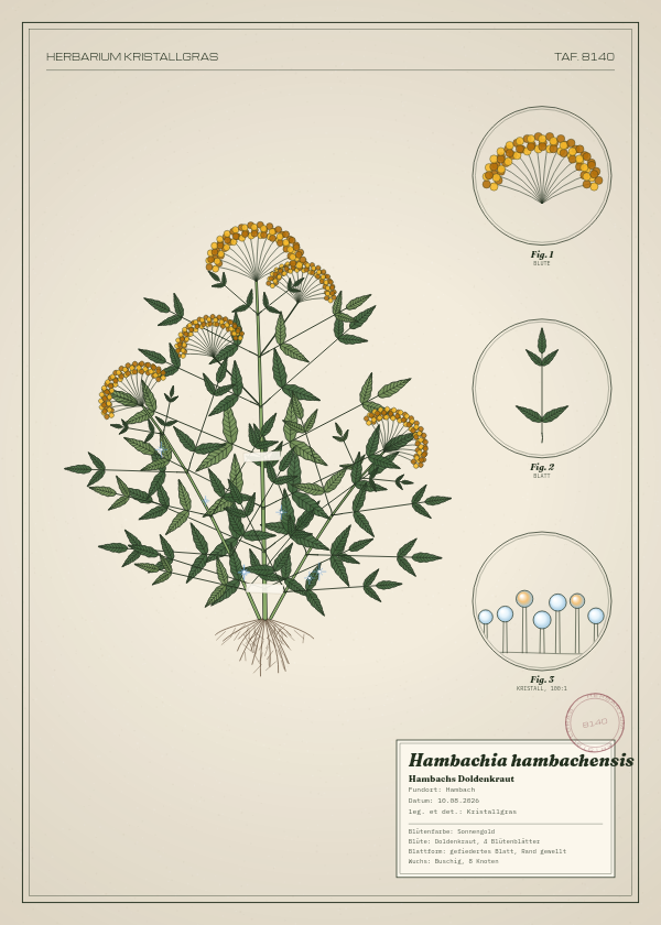 Botanische Tafel: Hambachia hambachensis, eine erfundene Pflanze aus Hambach, gezeichnet wie in einem alten Pflanzenatlas