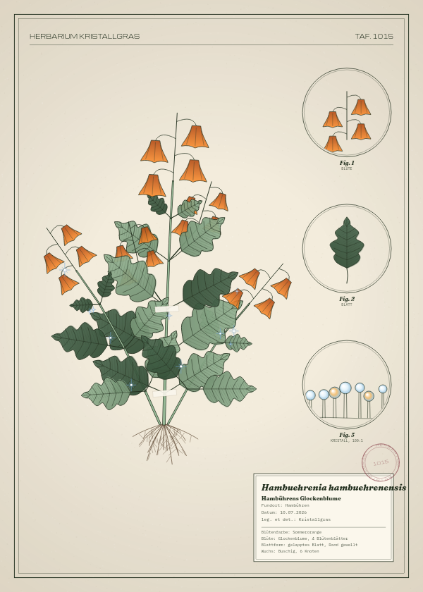 Botanische Tafel: Hambuehrenia hambuehrenensis, eine erfundene Pflanze aus Hambühren, gezeichnet wie in einem alten Pflanzenatlas