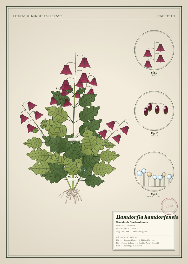 Botanische Tafel: Hamdorfia hamdorfensis, eine erfundene Pflanze aus Hamdorf, gezeichnet wie in einem alten Pflanzenatlas