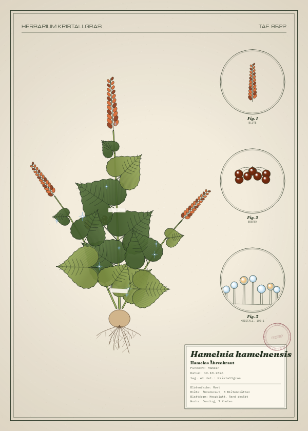 Botanische Tafel: Hamelnia hamelnensis, eine erfundene Pflanze aus Hameln, gezeichnet wie in einem alten Pflanzenatlas