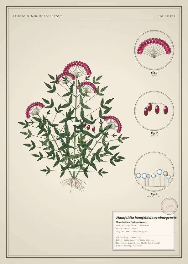 Botanische Tafel: Hamfeldia hamfeldelauenburgensis, eine erfundene Pflanze aus Hamfelde (Lauenburg), gezeichnet wie in einem alten Pflanzenatlas