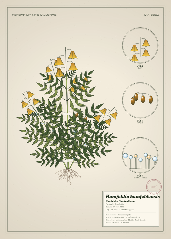Botanische Tafel: Hamfeldia hamfeldensis, eine erfundene Pflanze aus Hamfelde, gezeichnet wie in einem alten Pflanzenatlas