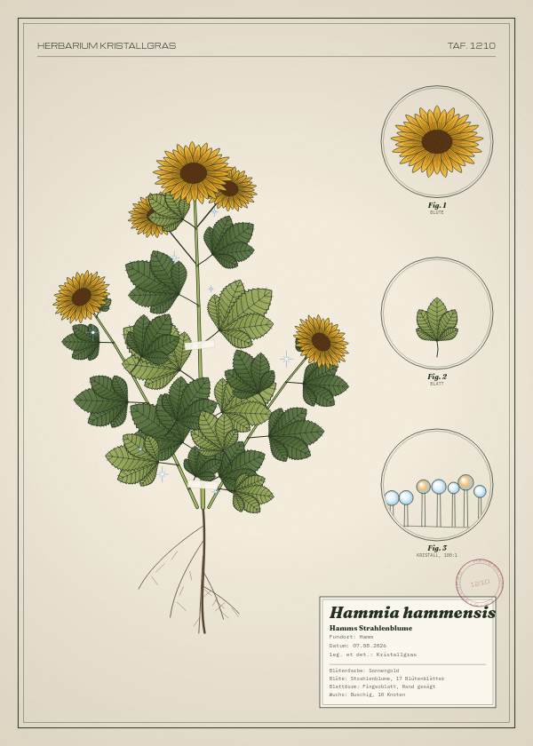 Botanische Tafel: Hammia hammensis, eine erfundene Pflanze aus Hamm, gezeichnet wie in einem alten Pflanzenatlas