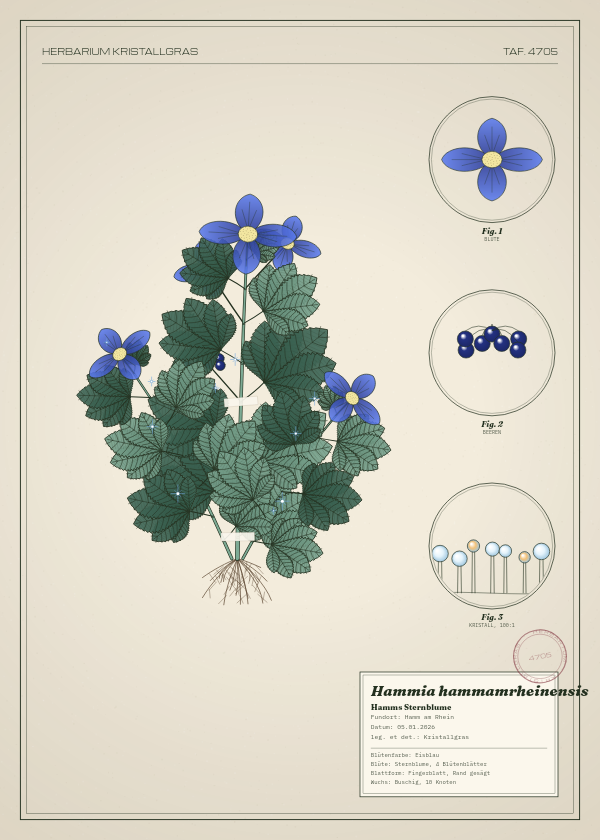 Botanische Tafel: Hammia hammamrheinensis, eine erfundene Pflanze aus Hamm am Rhein, gezeichnet wie in einem alten Pflanzenatlas
