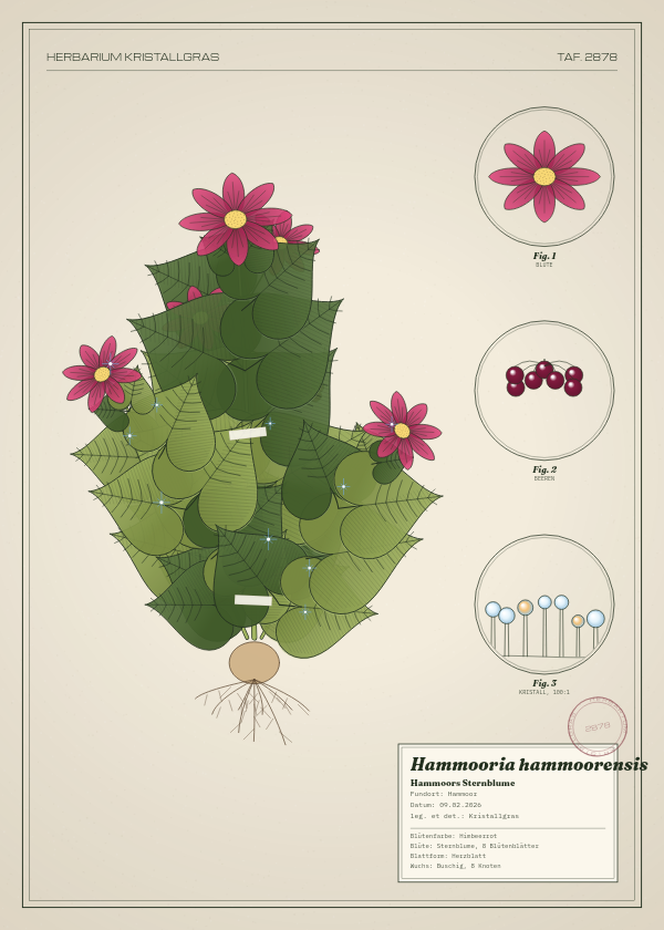 Botanische Tafel: Hammooria hammoorensis, eine erfundene Pflanze aus Hammoor, gezeichnet wie in einem alten Pflanzenatlas