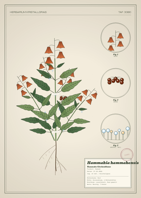 Botanische Tafel: Hammahia hammahensis, eine erfundene Pflanze aus Hammah, gezeichnet wie in einem alten Pflanzenatlas