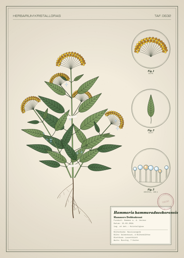 Botanische Tafel: Hammeria hammeradueckerensis, eine erfundene Pflanze aus Hammer a. d. Uecker, gezeichnet wie in einem alten Pflanzenatlas