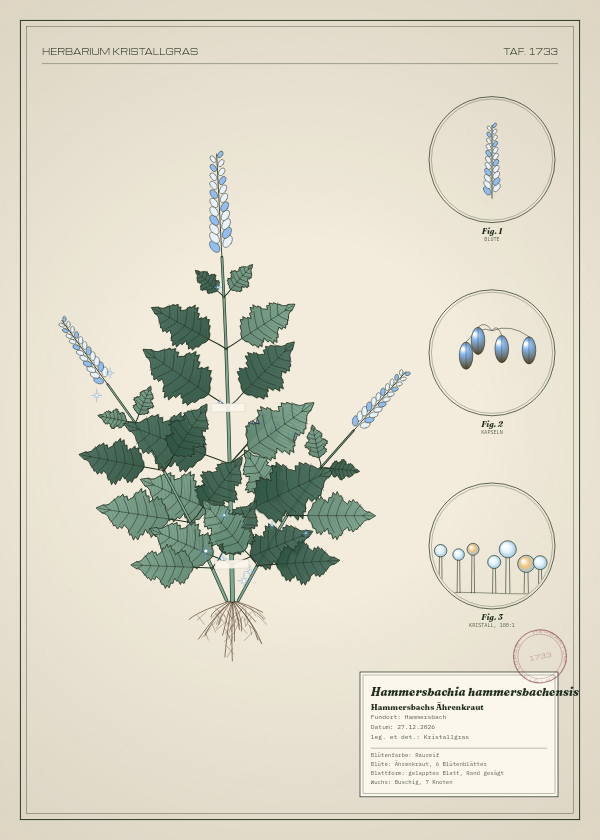 Botanische Tafel: Hammersbachia hammersbachensis, eine erfundene Pflanze aus Hammersbach, gezeichnet wie in einem alten Pflanzenatlas