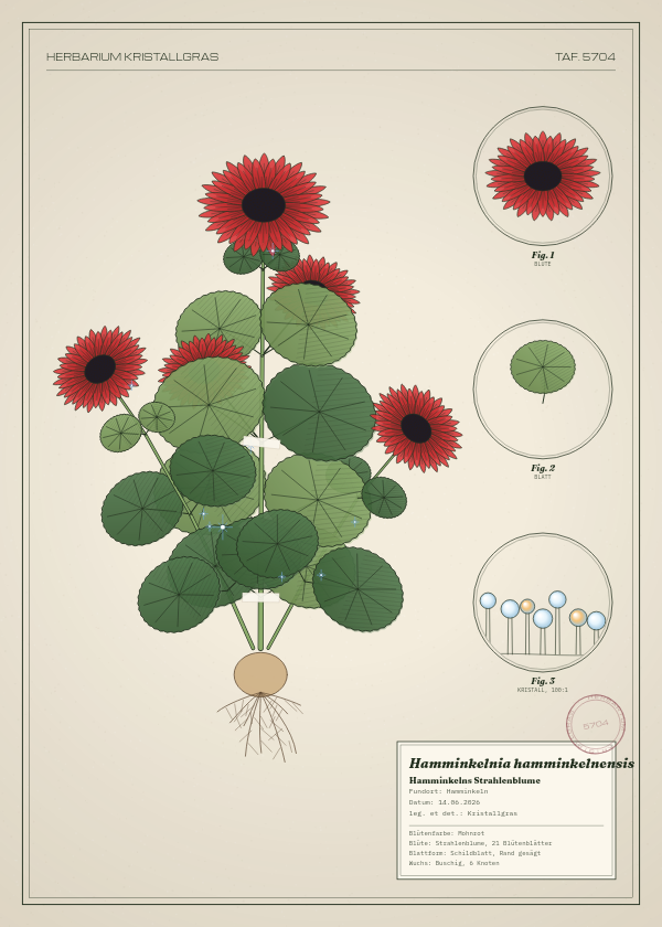Botanische Tafel: Hamminkelnia hamminkelnensis, eine erfundene Pflanze aus Hamminkeln, gezeichnet wie in einem alten Pflanzenatlas