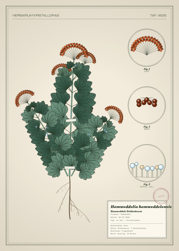 Botanische Tafel: Hamweddelia hamweddelensis, eine erfundene Pflanze aus Hamweddel, gezeichnet wie in einem alten Pflanzenatlas