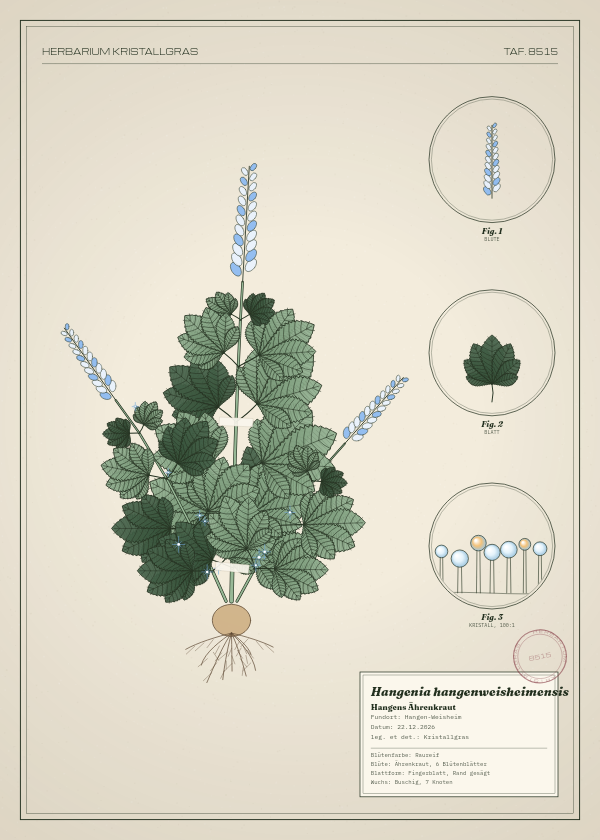 Botanische Tafel: Hangenia hangenweisheimensis, eine erfundene Pflanze aus Hangen-Weisheim, gezeichnet wie in einem alten Pflanzenatlas