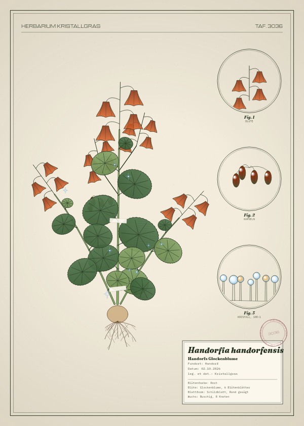 Botanische Tafel: Handorfia handorfensis, eine erfundene Pflanze aus Handorf, gezeichnet wie in einem alten Pflanzenatlas