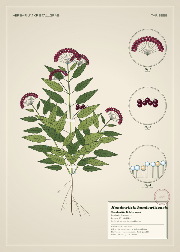 Botanische Tafel: Handewittia handewittensis, eine erfundene Pflanze aus Handewitt, gezeichnet wie in einem alten Pflanzenatlas