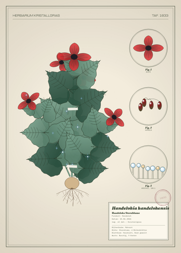 Botanische Tafel: Handelohia handelohensis, eine erfundene Pflanze aus Handeloh, gezeichnet wie in einem alten Pflanzenatlas
