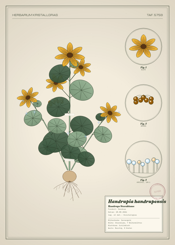 Botanische Tafel: Handrupia handrupensis, eine erfundene Pflanze aus Handrup, gezeichnet wie in einem alten Pflanzenatlas
