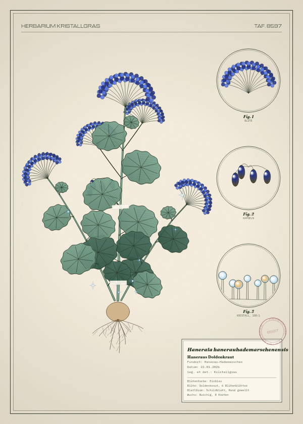 Botanische Tafel: Haneraia hanerauhademarschenensis, eine erfundene Pflanze aus Hanerau-Hademarschen, gezeichnet wie in einem alten Pflanzenatlas
