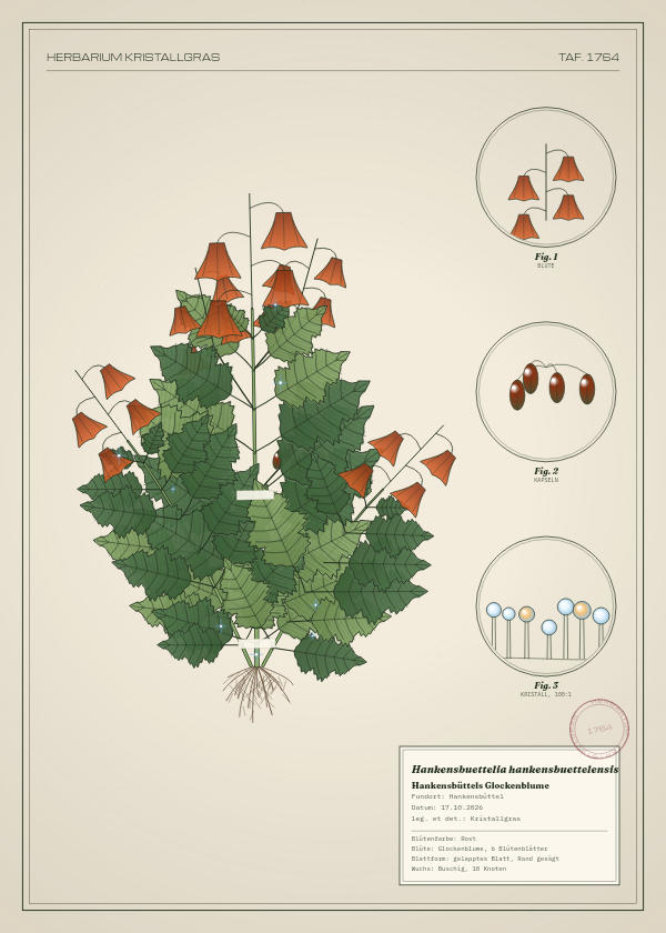 Botanische Tafel: Hankensbuettelia hankensbuettelensis, eine erfundene Pflanze aus Hankensbüttel, gezeichnet wie in einem alten Pflanzenatlas