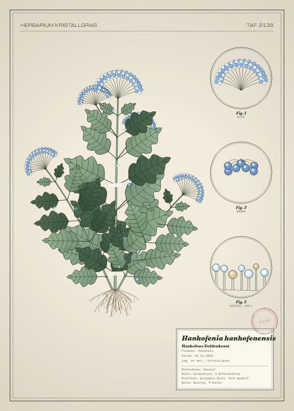 Botanische Tafel: Hanhofenia hanhofenensis, eine erfundene Pflanze aus Hanhofen, gezeichnet wie in einem alten Pflanzenatlas