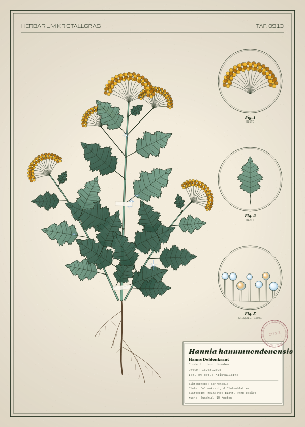 Botanische Tafel: Hannia hannmuendenensis, eine erfundene Pflanze aus Hann. Münden, gezeichnet wie in einem alten Pflanzenatlas