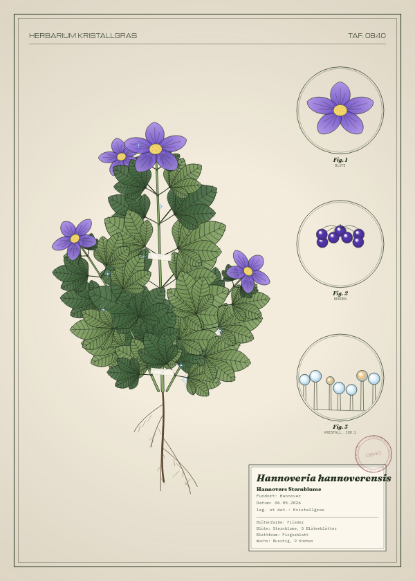 Botanische Tafel: Hannoveria hannoverensis, eine erfundene Pflanze aus Hannover, gezeichnet wie in einem alten Pflanzenatlas