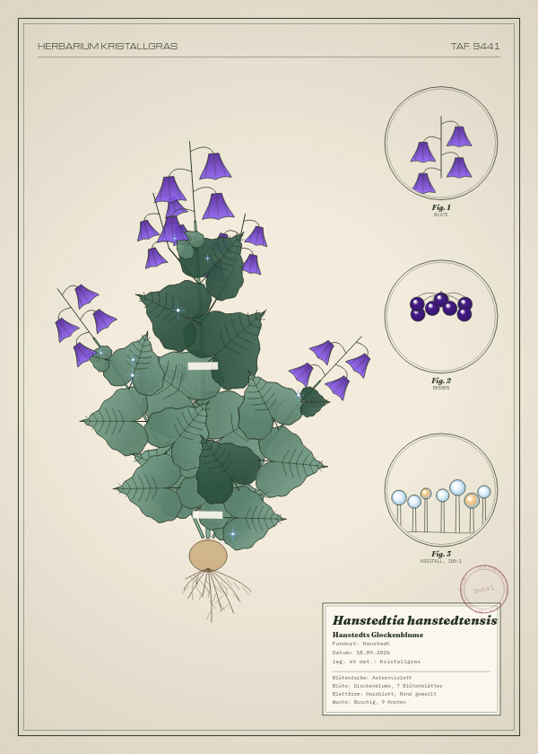 Botanische Tafel: Hanstedtia hanstedtensis, eine erfundene Pflanze aus Hanstedt, gezeichnet wie in einem alten Pflanzenatlas
