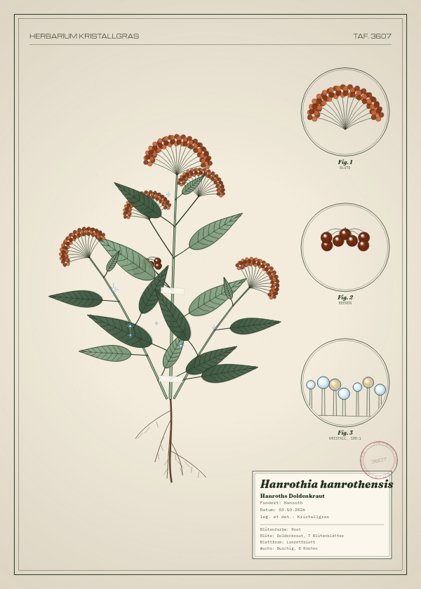 Botanische Tafel: Hanrothia hanrothensis, eine erfundene Pflanze aus Hanroth, gezeichnet wie in einem alten Pflanzenatlas