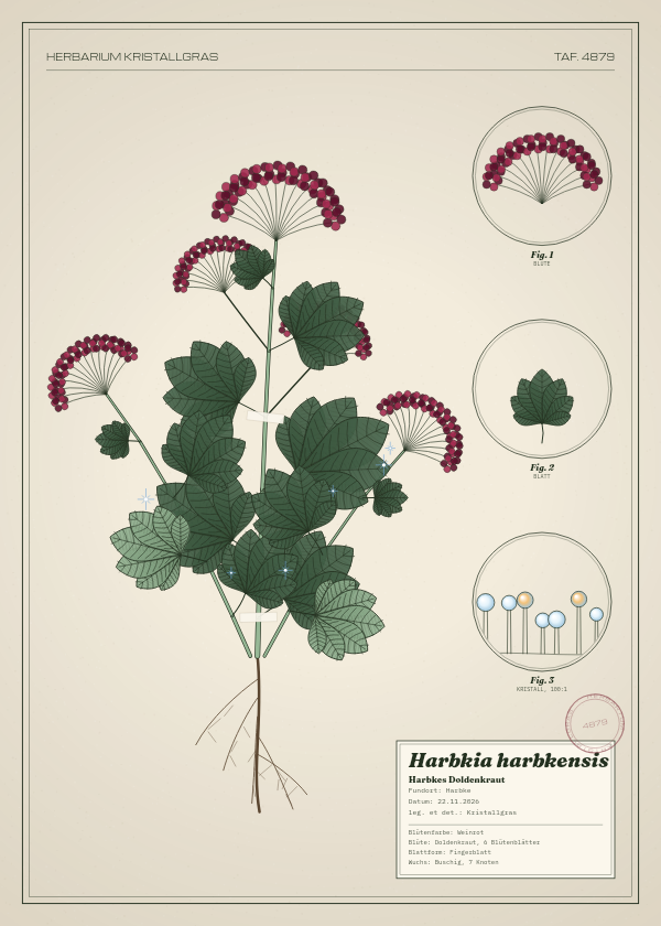 Botanische Tafel: Harbkia harbkensis, eine erfundene Pflanze aus Harbke, gezeichnet wie in einem alten Pflanzenatlas