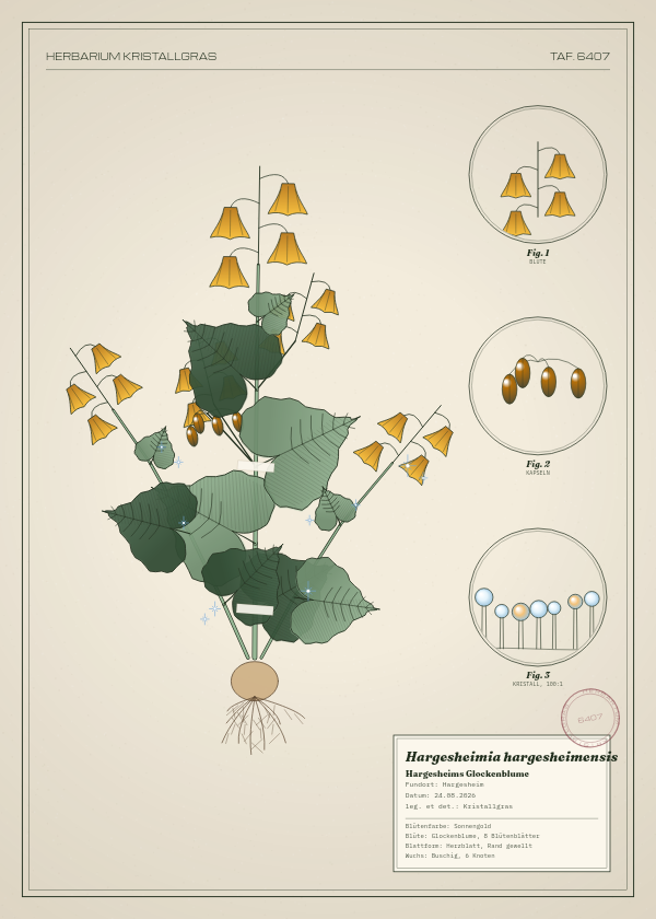 Botanische Tafel: Hargesheimia hargesheimensis, eine erfundene Pflanze aus Hargesheim, gezeichnet wie in einem alten Pflanzenatlas