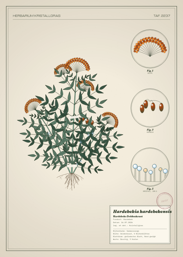 Botanische Tafel: Hardebekia hardebekensis, eine erfundene Pflanze aus Hardebek, gezeichnet wie in einem alten Pflanzenatlas