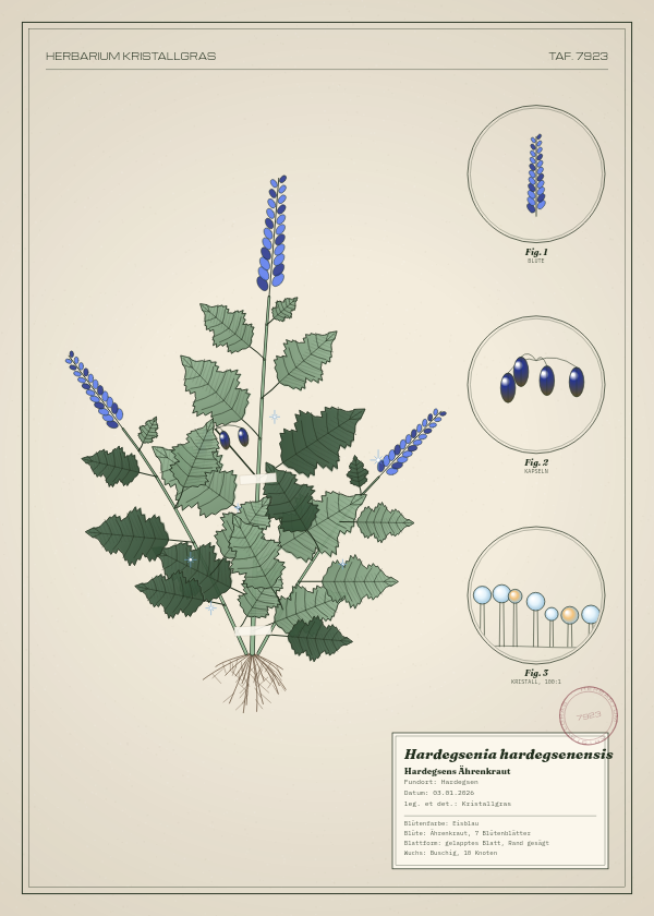 Botanische Tafel: Hardegsenia hardegsenensis, eine erfundene Pflanze aus Hardegsen, gezeichnet wie in einem alten Pflanzenatlas