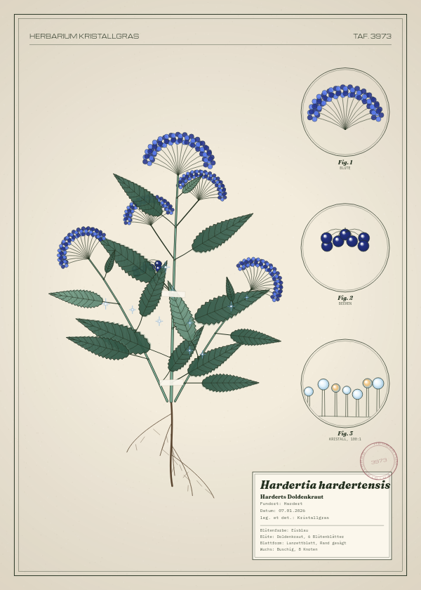 Botanische Tafel: Hardertia hardertensis, eine erfundene Pflanze aus Hardert, gezeichnet wie in einem alten Pflanzenatlas