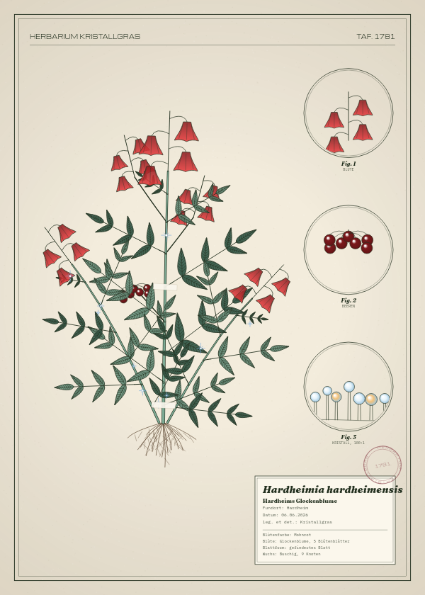 Botanische Tafel: Hardheimia hardheimensis, eine erfundene Pflanze aus Hardheim, gezeichnet wie in einem alten Pflanzenatlas