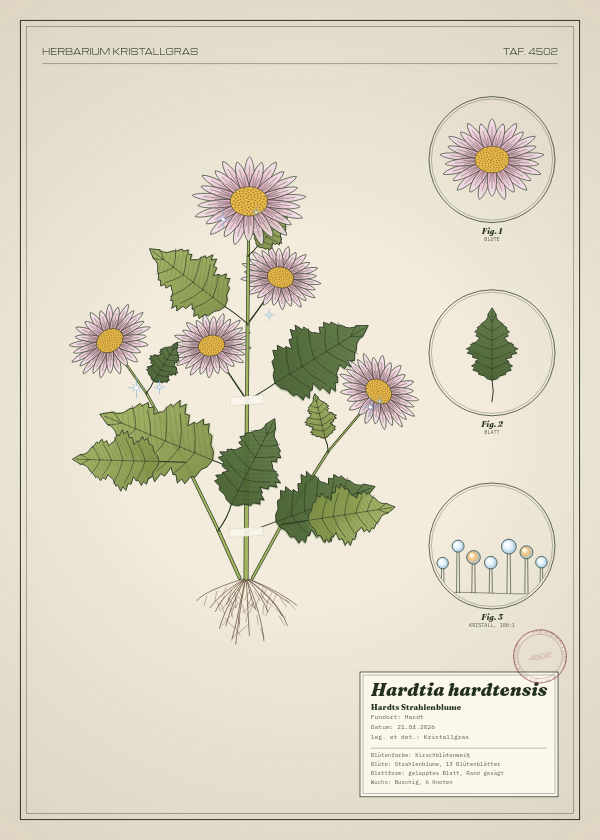 Botanische Tafel: Hardtia hardtensis, eine erfundene Pflanze aus Hardt, gezeichnet wie in einem alten Pflanzenatlas