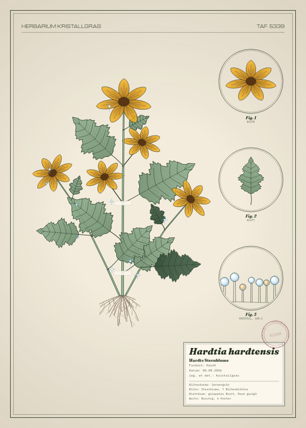 Botanische Tafel: Hardtia hardtensis, eine erfundene Pflanze aus Hardt, gezeichnet wie in einem alten Pflanzenatlas