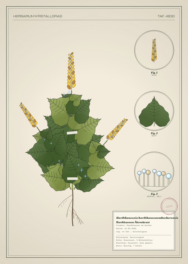 Botanische Tafel: Hardthausenia hardthausenamkocherensis, eine erfundene Pflanze aus Hardthausen am Kocher, gezeichnet wie in einem alten Pflanzenatlas