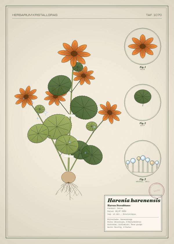Botanische Tafel: Harenia harenensis, eine erfundene Pflanze aus Haren, gezeichnet wie in einem alten Pflanzenatlas