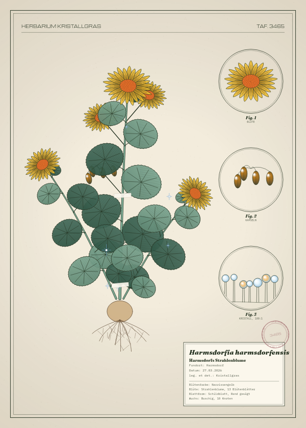 Botanische Tafel: Harmsdorfia harmsdorfensis, eine erfundene Pflanze aus Harmsdorf, gezeichnet wie in einem alten Pflanzenatlas